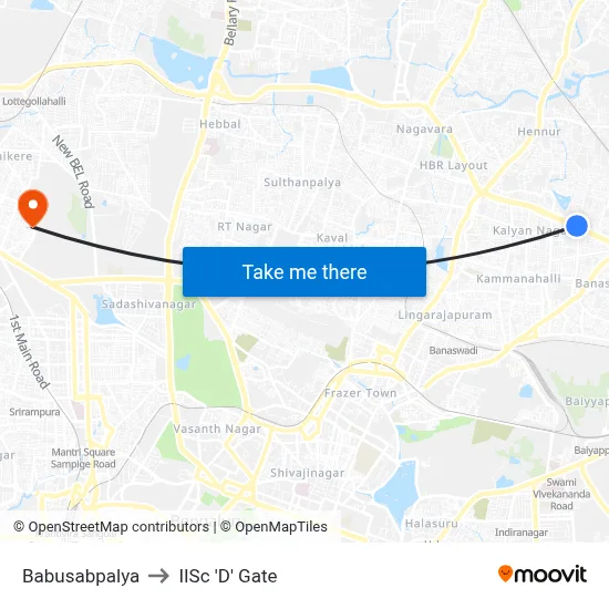 Babusabpalya to IISc 'D' Gate map