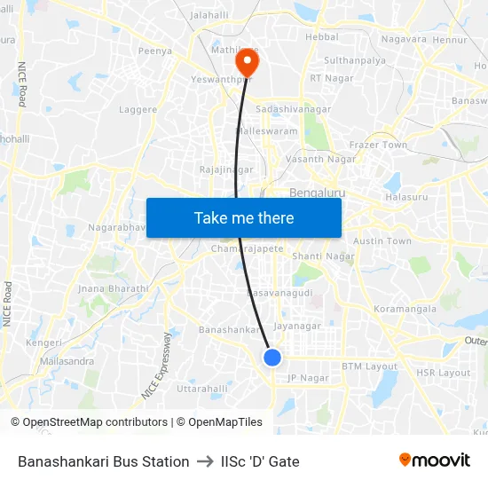 Banashankari Bus Station to IISc 'D' Gate map