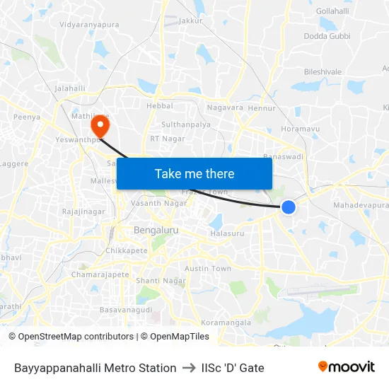 Bayyappanahalli Metro Station to IISc 'D' Gate map