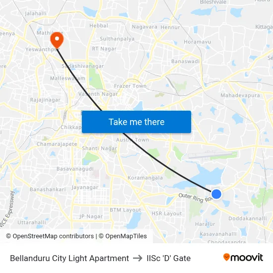 Bellanduru City Light Apartment to IISc 'D' Gate map