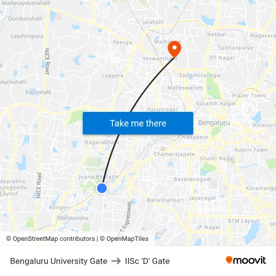 Bengaluru University Gate (Jbms) to IISc 'D' Gate map