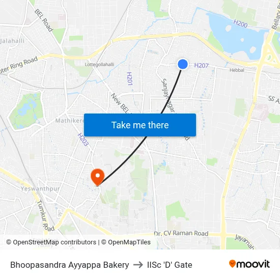 Bhoopasandra Ayyappa Bakery to IISc 'D' Gate map