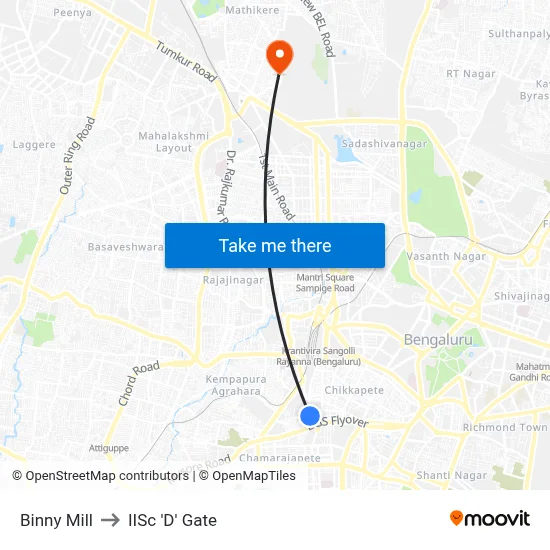 Binny Mill to IISc 'D' Gate map