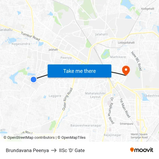 Brundavana Peenya to IISc 'D' Gate map