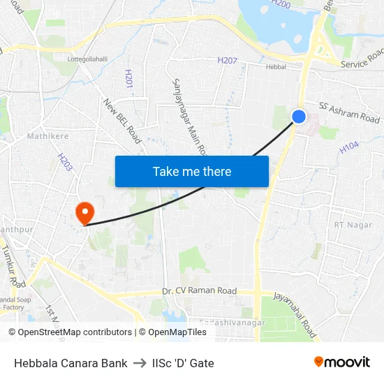 Hebbala Canara Bank to IISc 'D' Gate map