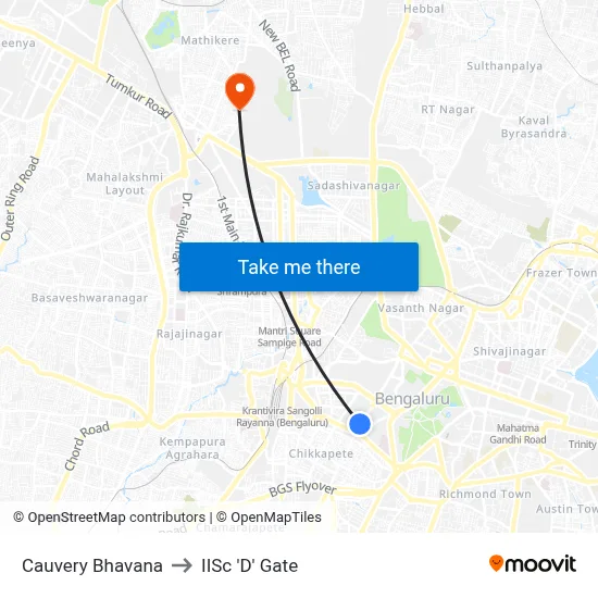 Cauvery Bhavana to IISc 'D' Gate map