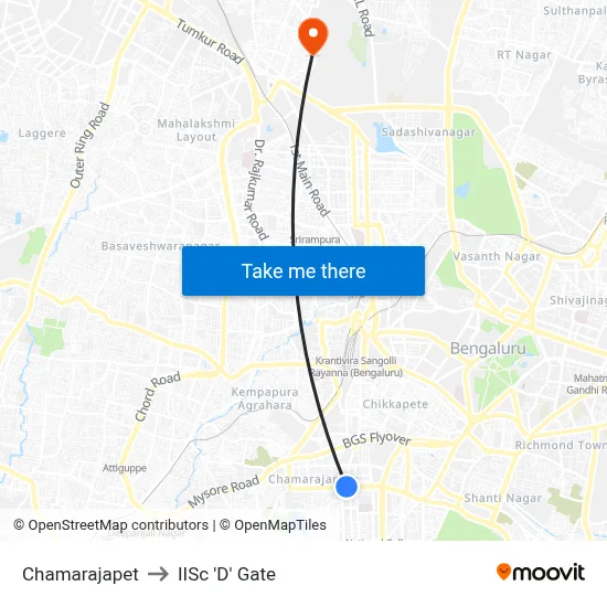 Chamarajapet to IISc 'D' Gate map