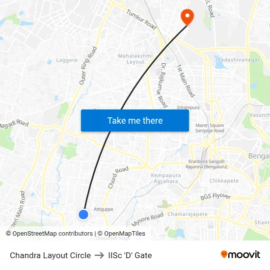 Chandra Layout Circle to IISc 'D' Gate map