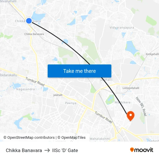 Chikka Banavara to IISc 'D' Gate map