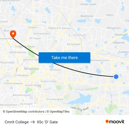 Cmrit College to IISc 'D' Gate map