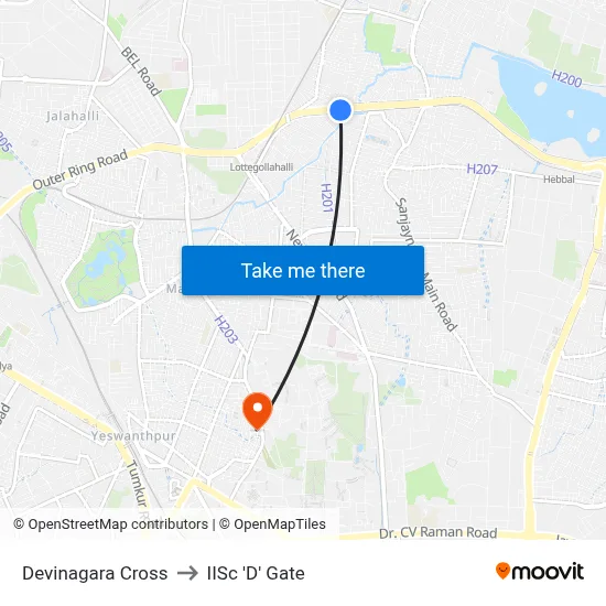 Devinagara Cross to IISc 'D' Gate map