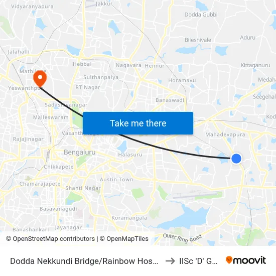 Dodda Nekkundi Bridge/Rainbow Hospital to IISc 'D' Gate map