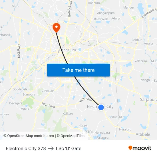 Electronic City 378 to IISc 'D' Gate map
