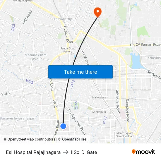 Esi Hospital Rajajinagara to IISc 'D' Gate map