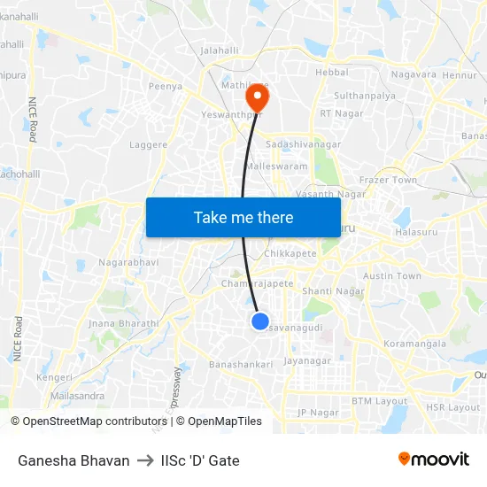 Ganesha Bhavan to IISc 'D' Gate map