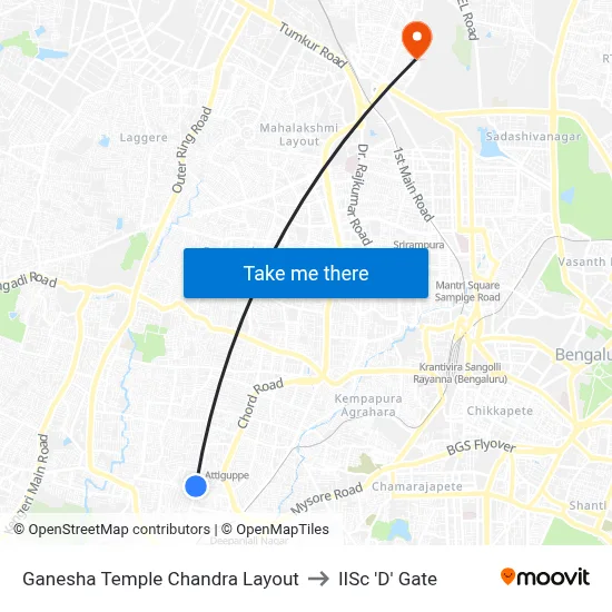 Ganesha Temple Chandra Layout to IISc 'D' Gate map