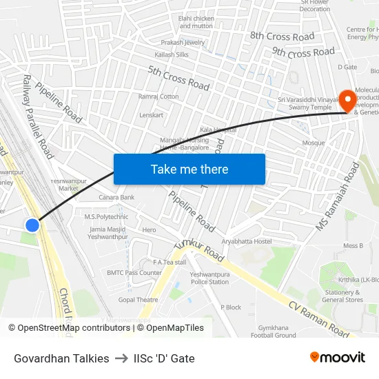 Govardhan Talkies to IISc 'D' Gate map