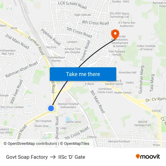 Govt Soap Factory to IISc 'D' Gate map