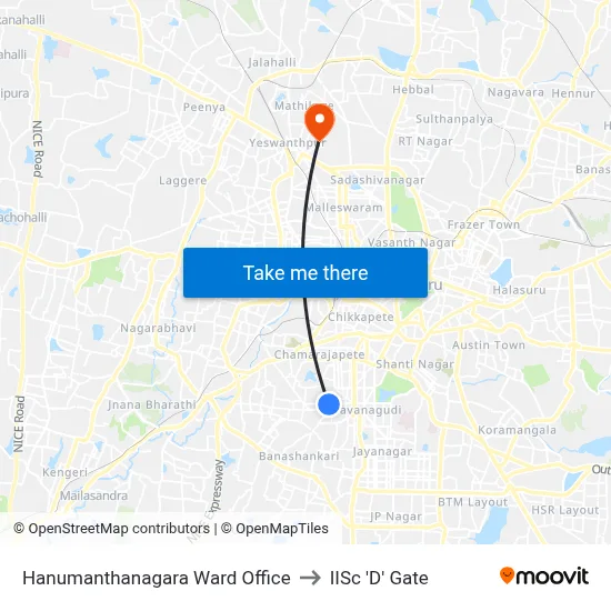 Hanumanthanagara Ward Office to IISc 'D' Gate map