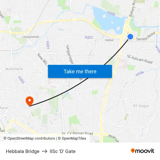 Hebbala Bridge to IISc 'D' Gate map