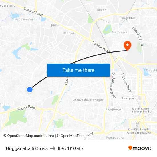 Hegganahalli Cross to IISc 'D' Gate map