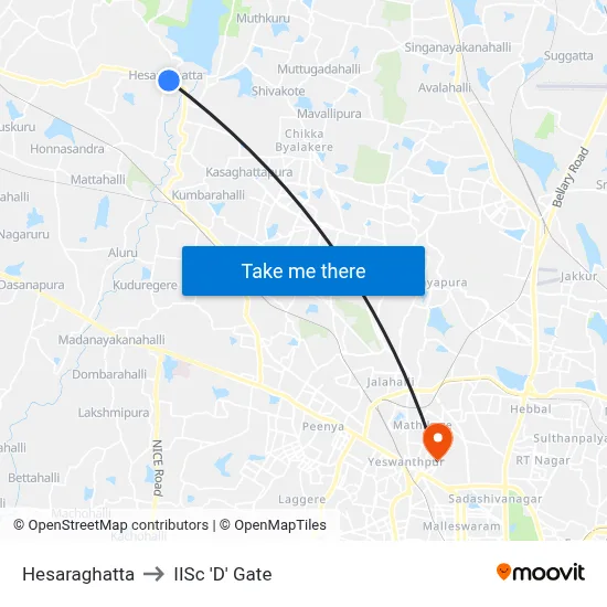 Hesaraghatta to IISc 'D' Gate map