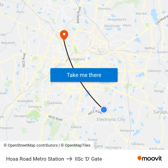 Hosa Road Metro Station to IISc 'D' Gate map