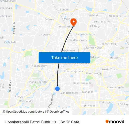 Hosakerehalli Petrol Bunk to IISc 'D' Gate map