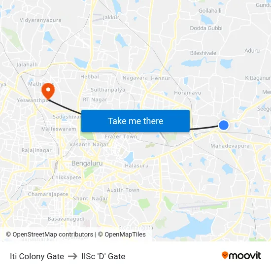 Iti Colony Gate to IISc 'D' Gate map