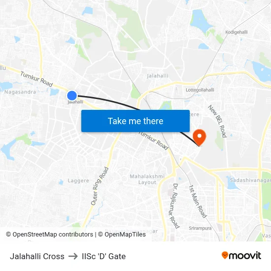 Jalahalli Cross to IISc 'D' Gate map