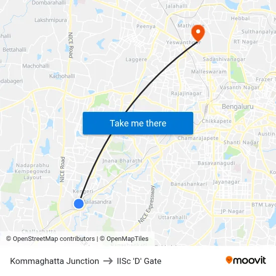 Kommaghatta Junction to IISc 'D' Gate map