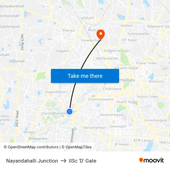 Nayandahalli Junction to IISc 'D' Gate map