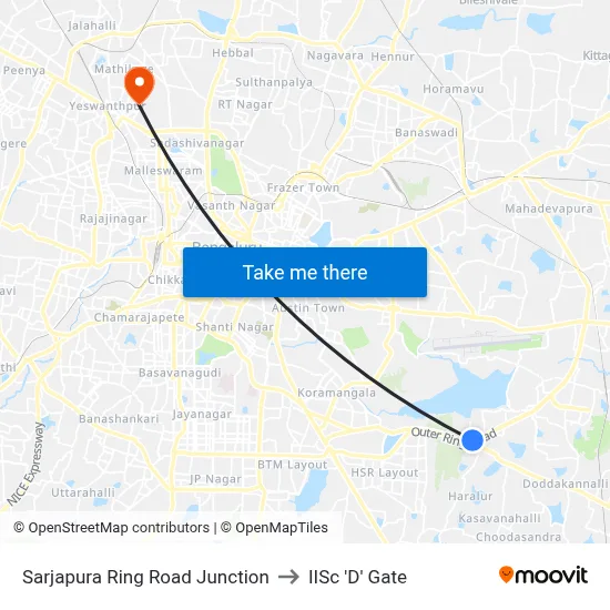 Sarjapura Ring Road Junction to IISc 'D' Gate map