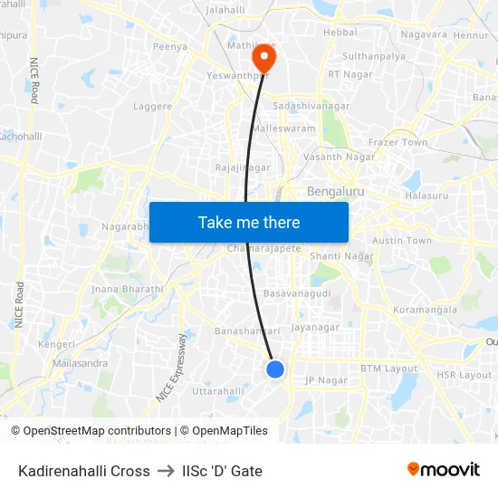 Kadirenahalli Cross to IISc 'D' Gate map
