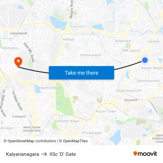 Kalyananagara to IISc 'D' Gate map