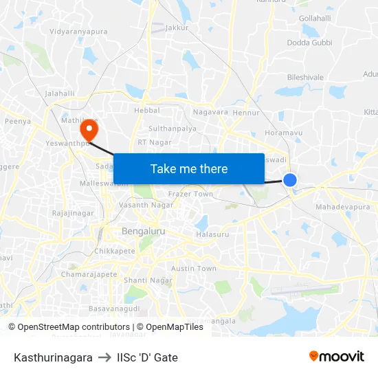Kasthurinagara to IISc 'D' Gate map