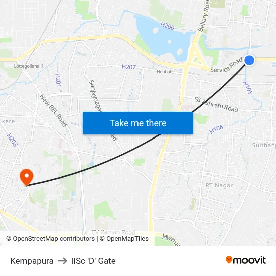 Kempapura to IISc 'D' Gate map