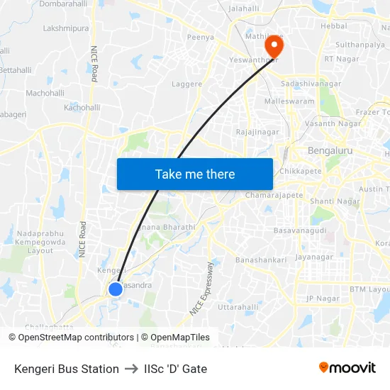 Kengeri Bus Station to IISc 'D' Gate map