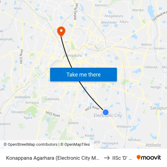 Konappana Agarhara (Electronic City Metro Station) to IISc 'D' Gate map