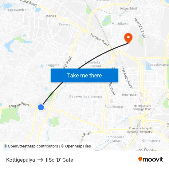 Kottigepalya to IISc 'D' Gate map