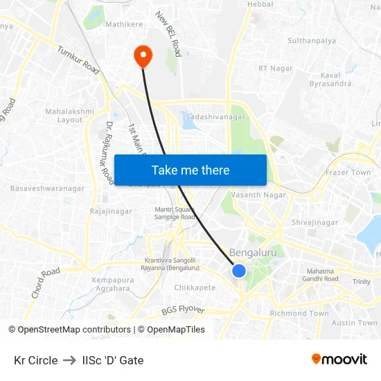 Kr Circle to IISc 'D' Gate map