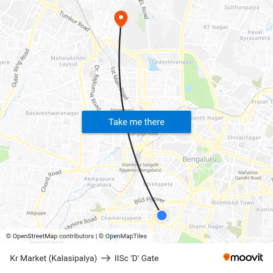 Kr Market (Kalasipalya) to IISc 'D' Gate map