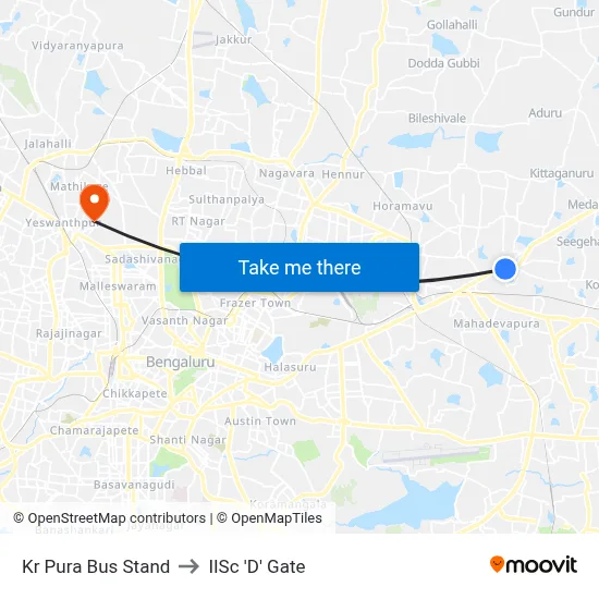 Kr Pura Bus Stand to IISc 'D' Gate map