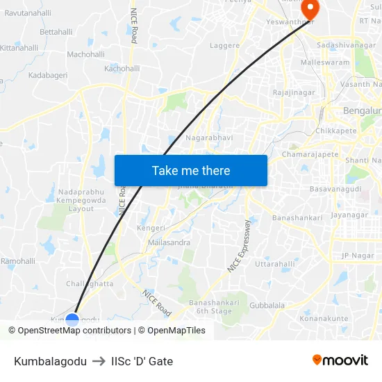 Kumbalagodu to IISc 'D' Gate map