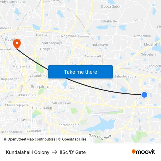 Kundalahalli Colony to IISc 'D' Gate map