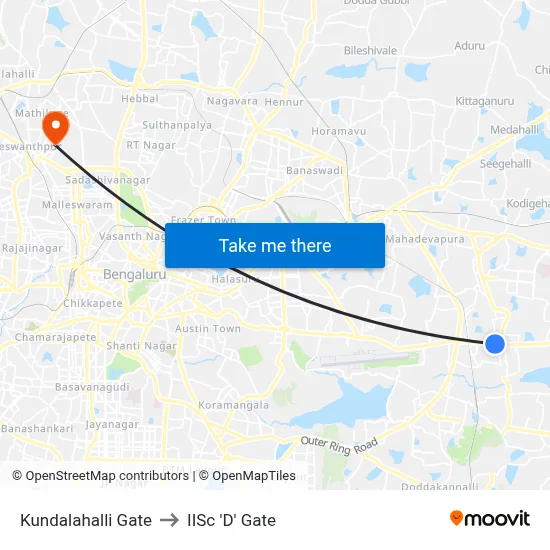 Kundalahalli Gate to IISc 'D' Gate map