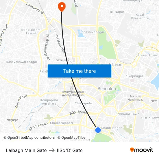Lalbagh Main Gate to IISc 'D' Gate map
