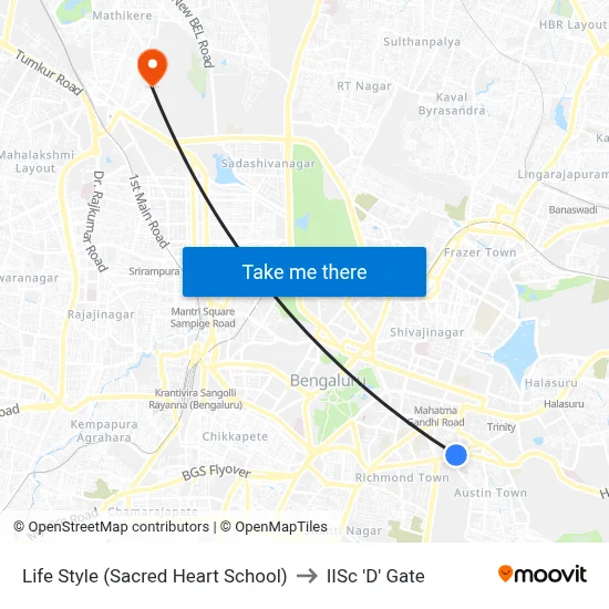 Life Style (Sacred Heart School) to IISc 'D' Gate map