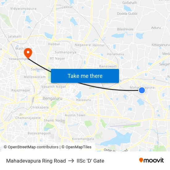 Mahadevapura Ring Road to IISc 'D' Gate map