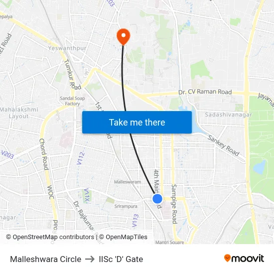 Malleshwara Circle to IISc 'D' Gate map